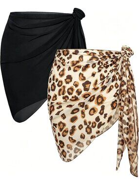 Women's Black And White Leopard Print 2 Pieces Sheer Bikini Swimsuit Cover Ups